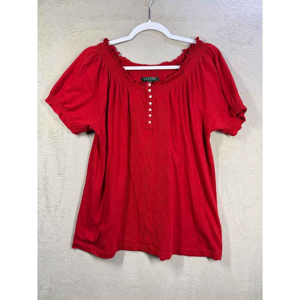 Lauren Ralph Lauren Peasant Top Womens L Red Embroidered Boho Smocked Blouse